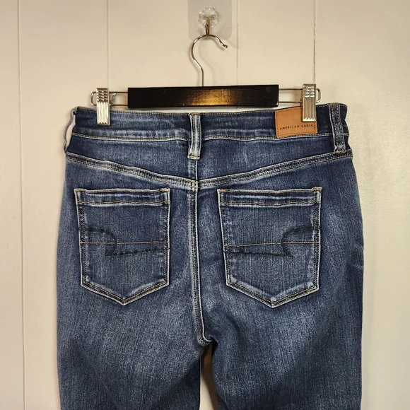 American Eagle High Rise Jeggings Crop Skinny Jeans Frayed Stretchy Dark Size 10 - Picture 7 of 14